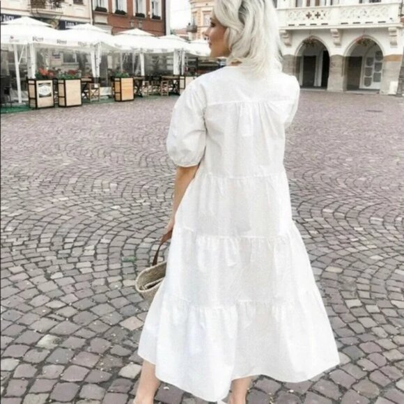 Zara Poplin Voluminous Short Sleeve Midi Dress White Size Medium - Picture 2 of 8